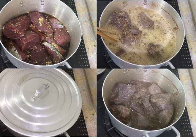 Nấu thịt cho đến khi nước kho có độ sệt nhất định.