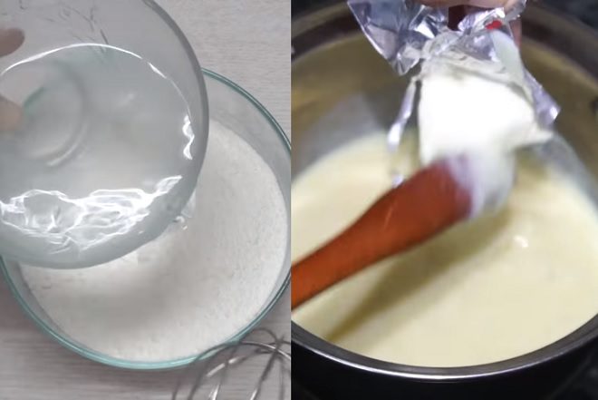 Hòa bột bánh rán với nước rồi đun sôi hỗn hợp kem phô mai sữa tươi.