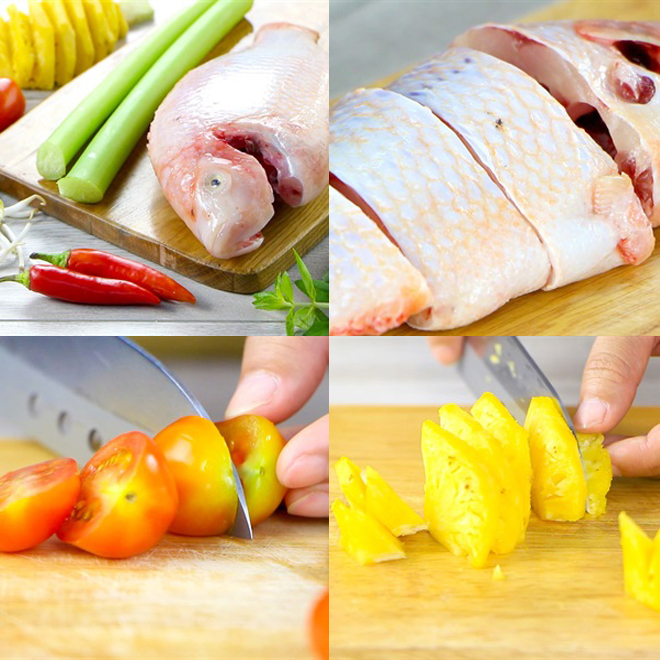 Sơ chế cá diêu hồng và các loại rau ăn kèm. 