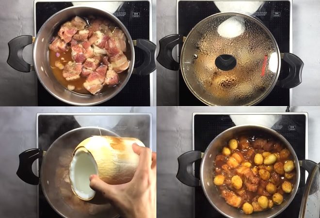 Cho nước dừa và trứng cút vào nồi luộc thịt.