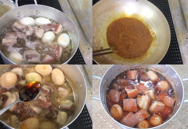 Làm nước đường màu rồi cho vào nồi cùng với thịt đã xào trứng vịt và nước dừa.