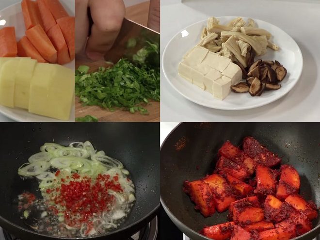 Cắt nhỏ rau với đậu và nấm, sau đó cho củ cải và khoai tây vào hỗn hợp sa tế.