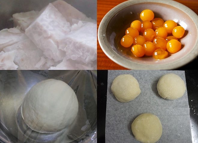Cách chế biến cơ bản nhân khoai môn với trứng muối rồi nhào bột làm vỏ và nhào bánh.