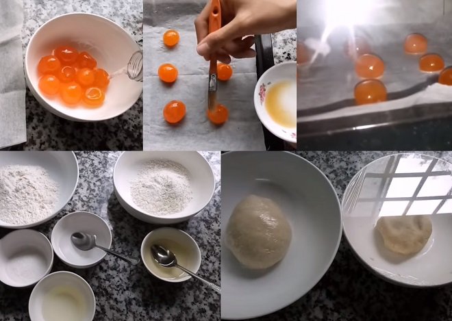 sơ chế trứng muối và nhào bột dầu với bột nước