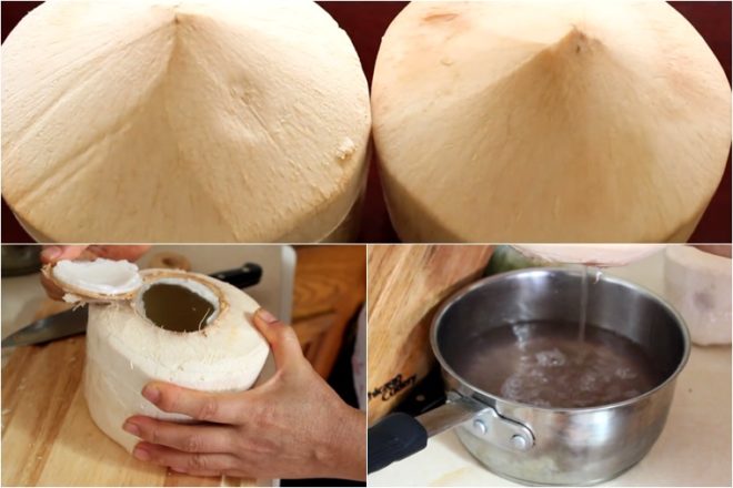 Khoét đầu trái dừa và đổ nước ra ngoài làm thạch dừa