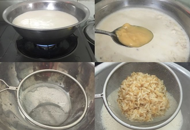 Đun sôi sữa gạo và cho sữa đặc vào trước khi lọc xác qua rây.