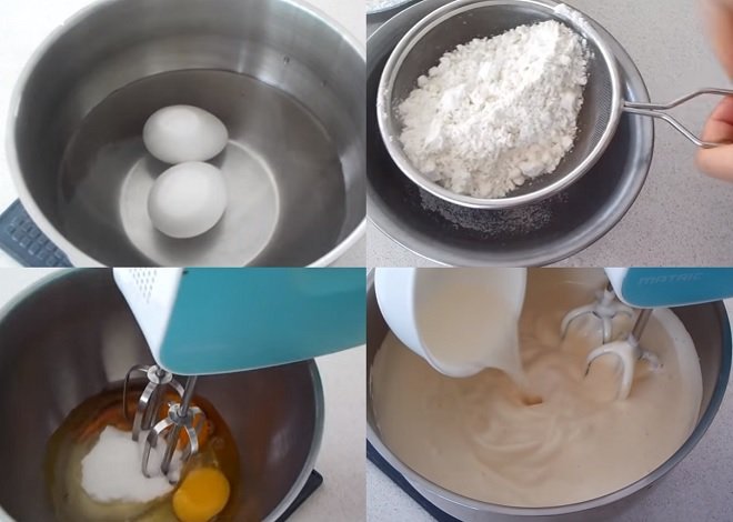Ủ trứng và rây bột bánh ngọt trước khi cho sữa tươi vào hỗn hợp trứng đường đã đánh bông.