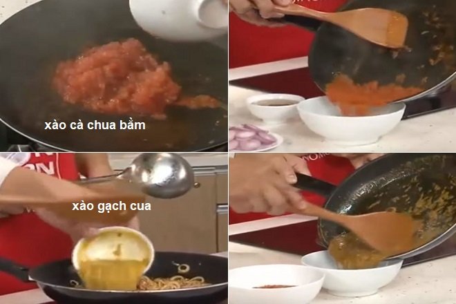 xào cà chua bằm với màu dầu điều và xào gạch cua chín