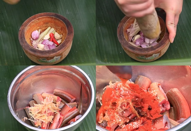 giã nhuyễn hỗn hợp hành sả tỏi pứt và ướp vào thịt lươn cùng với một số phụ liệu khác