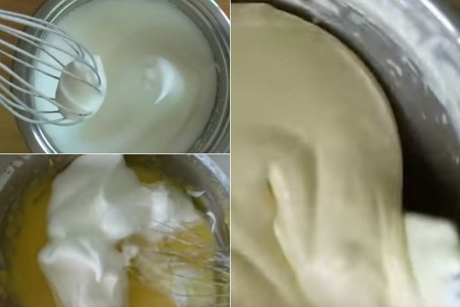 đánh bông lòng trắng trứng với đường và trộn với hỗn hợp lòng đỏ trứng