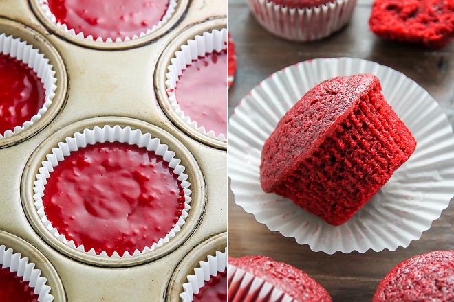 đổ bột cupcake red velvet vào khuôn và nướng chín