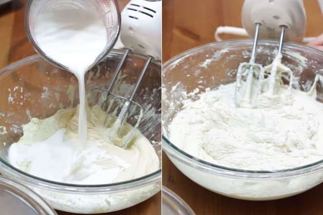 trộn bột, sữa tươi, vani với hỗn hợp bơ trứng đường làm bánh cupcake