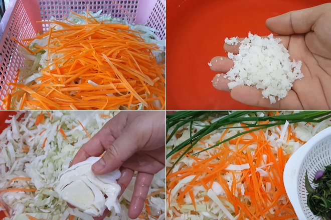 sơ chế bắp cải và cà rốt thái sợi