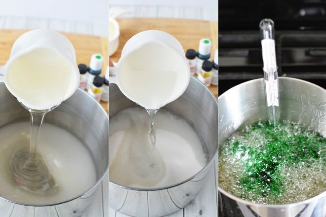 nấu nước đường làm kẹo đá màu xanh lá