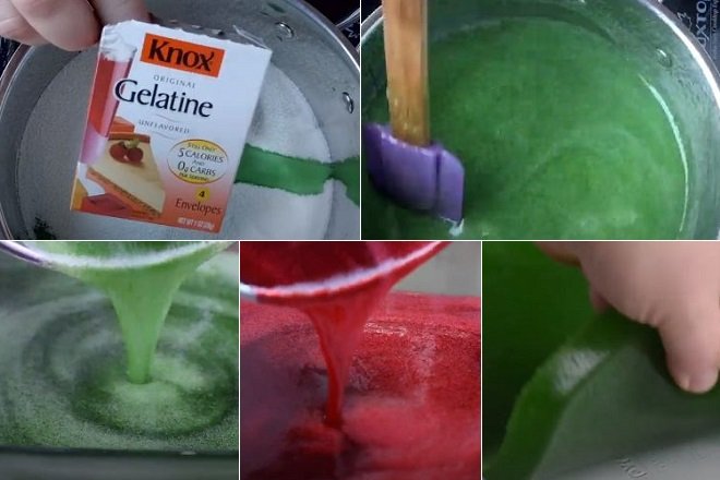 trộn nguyên liệu làm kẹo cao su giáng sinh màu xanh lá và đỏ