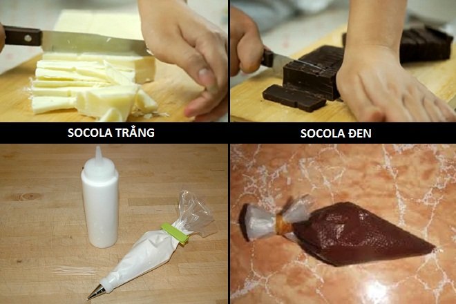 cắt vụn socola đen và socola trắng cho vào túi bắt kem