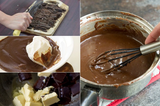 nấu hỗn hợp socola với kem tươi, bơ