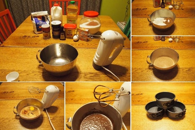 Trộn bột làm bánh bông lan sô cô la