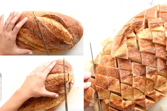 dùng dao khứa các đường chéo hình thoi trên ổ bánh mì