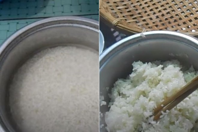vo gạo nếp với gạo tẻ và nấu chín bằng nồi cơm điện