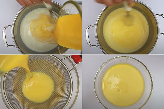 trộn hỗn hợp trứng sữa bí đỏ với sữa nước cốt dừa