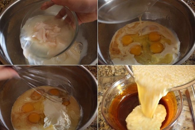 cách trộn nguyên liệu làm bánh flan phô mai nước cốt dừa