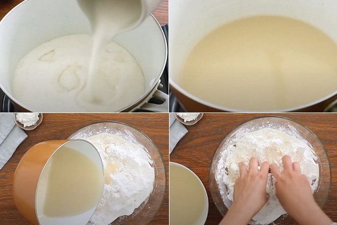 Trộn hỗn hợp bột gạo của Bánh Tài Yên với nước cốt dừa đun sôi.