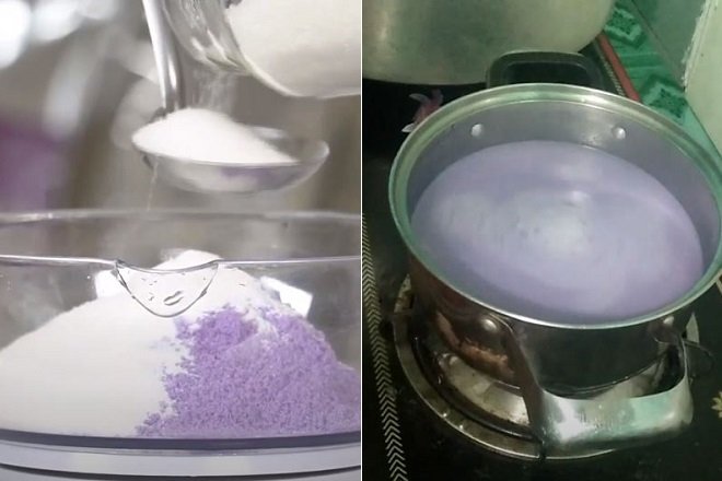 Trộn sữa bột để làm pudding khoai môn
