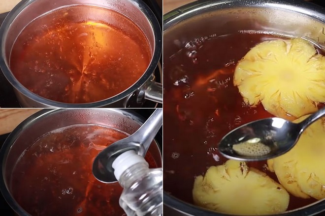 Nấu nước mắm giấm đường chua ngọt cho bòn bon.
