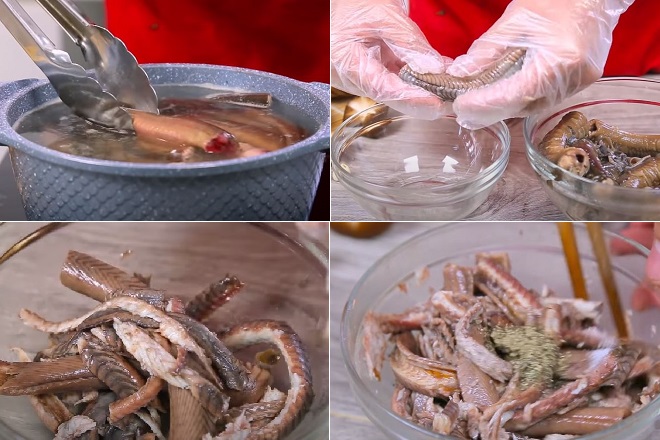 Luộc thịt lươn với nước luộc xương heo rồi tách xương, băm nhỏ.