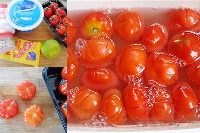 Cà chua sau khi sơ chế cho vào ngâm với nước vôi trong.
