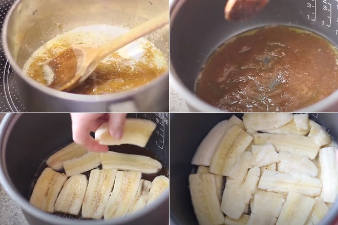 Đun sôi hỗn hợp bơ và đường rồi cho chuối chín vào nồi cơm điện.