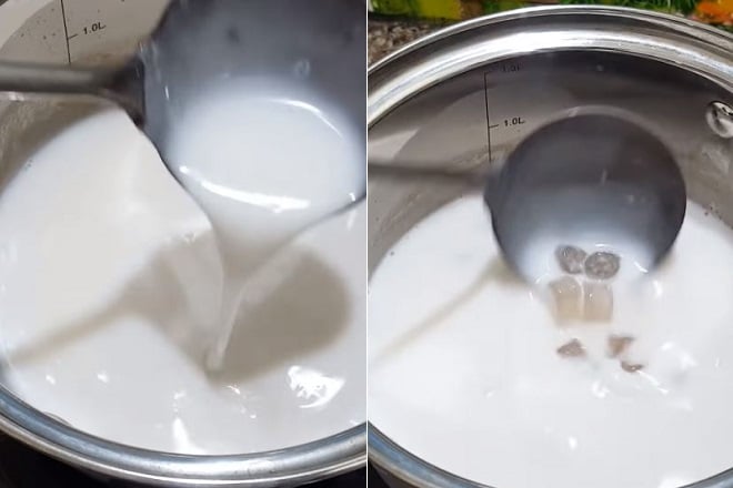 nấu nước cốt dừa kem béo với trân châu trắng