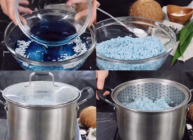 các bước tạo màu xanh cho gạo nếp và nêm với muối rồi đem hấp chín