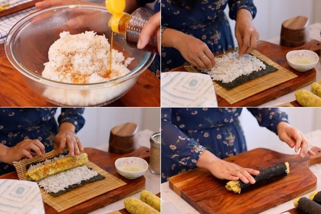 Cách làm cơm Kimbop Hàn Quốc với rong biển chiên trứng