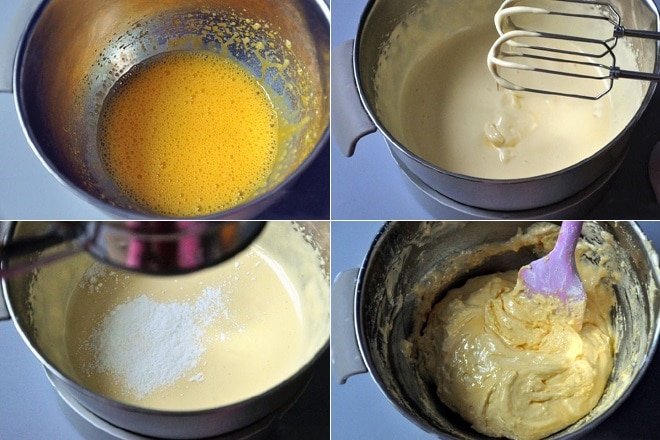 Đánh trứng với đường và bột để làm bánh xu